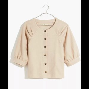 Ottoman Jacquard Pleat-Sleeve Button-Front Top